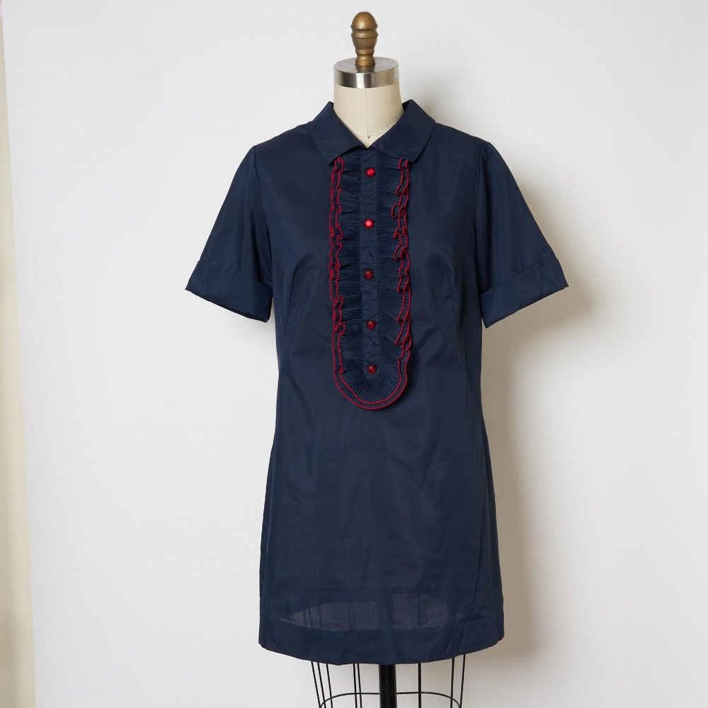 VINTAGE Navy Cotton Mini Dress with Ruffles S/M